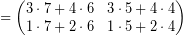 \[ = \begin{pmatrix} 3 \cdot 7 + 4 \cdot 6 & 3 \cdot 5 + 4 \cdot 4 \\ 1 \cdot 7 + 2 \cdot 6 & 1 \cdot 5 + 2 \cdot 4 \end{pmatrix} \]